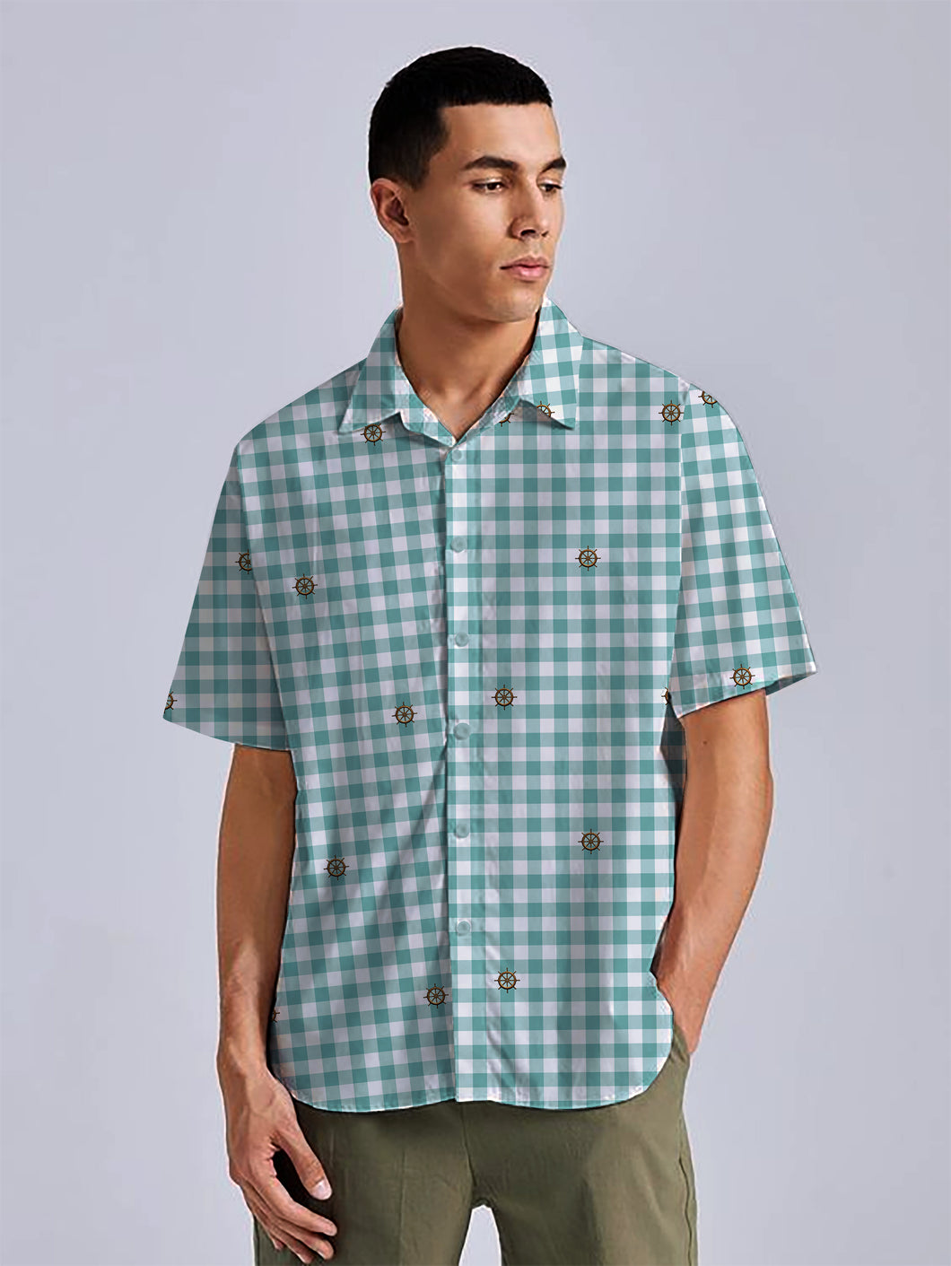 Allover Pirate Ship Wheel and Teal Blue Checks Printed White Rayon Men's Shirt