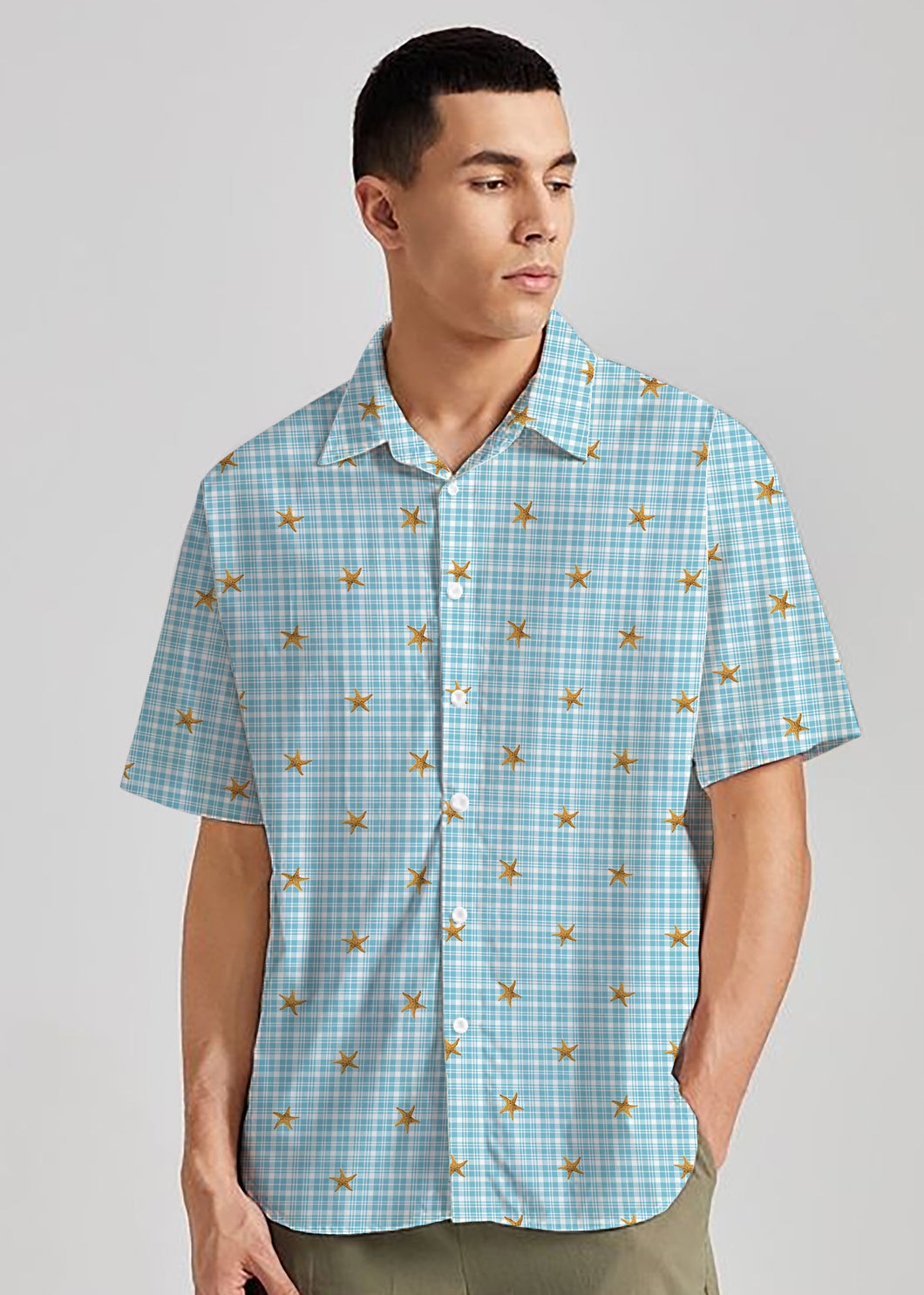 Allover Star Fish and Blue Checks Printed White Rayon Men's Shirt