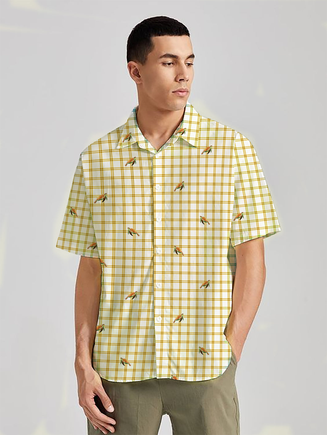 Mini Turtle Whimsy and Mustard Checks Printed White Rayon Men's Shirt