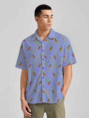 Mini Pineapple Whispers and Royal Blue Checks Printed White Rayon Men's Shirt