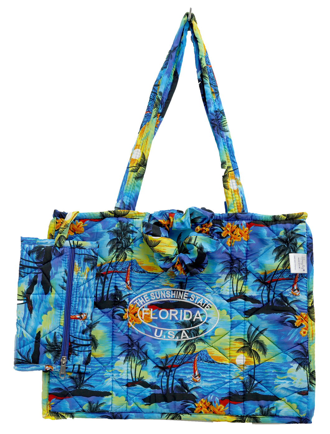 Navy Blue Sunset Island View Printed Hawaiian Style Beach Bag With Beach Wrap and Scrunchy For Women