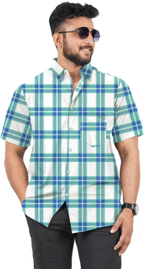 Men's Blue Color Elegant Short Sleeves Checkered Shirt