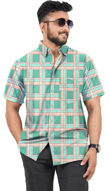 Men's Casual Short Sleeves Checkered Shirts in Sea Green