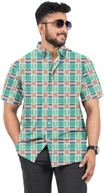 Sea Green Stylish Checkered Short Sleeves Shirt For Men