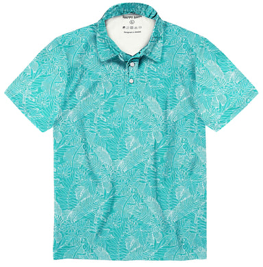 Teal Blue Allover Tropical Leaves and Parrots Mens Golf Polo Shirt