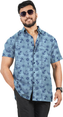 Seascape Chronicles Bright Blue Printed Men's Linen Effect Shirt