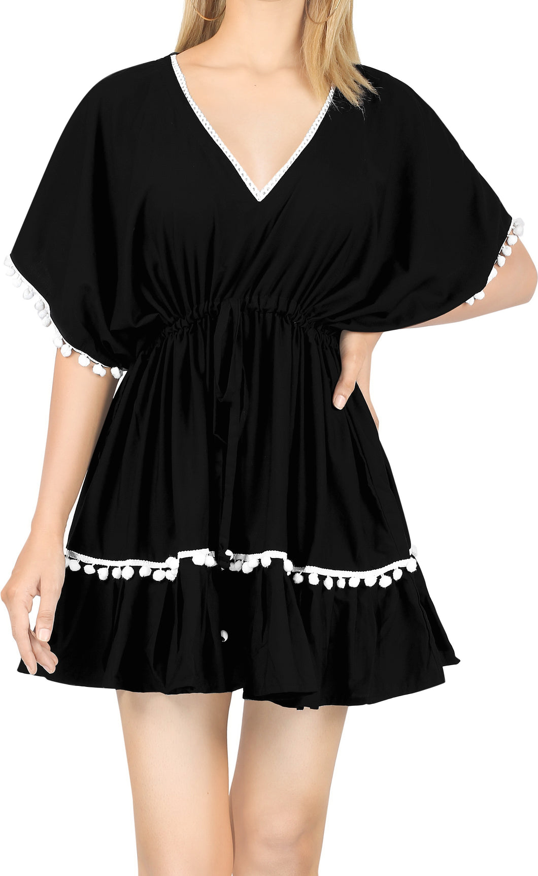 La Leela Cotton V NECK POM POM LACE Beach SWIMSUIT Cover up TUNIC Caftan Black