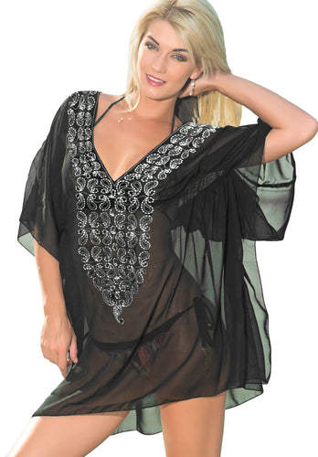 LA LEELA-Women's-Mini-Casual-Loose-Beach-Bikini-Swimsuit-Cover-Ups-Embroidery Black