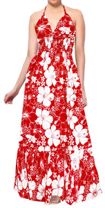 Scarlet Red Floral Print Halter Neck Long  Dress For Women