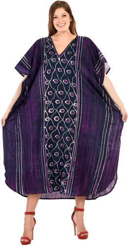 LA LEELA Cotton Batik Printed Women's Kaftan Kimono Summer Beachwear Cover up Dress Purple_T251