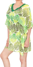 Load image into Gallery viewer, La Leela Vintage Art Lightweight Chiffon Beach Bikini Coverup Caftan Dress Green