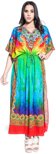 LA LEELA Lounge Soft  Digital Caftan Tunic Long Women Dress  Multi 203 One Size