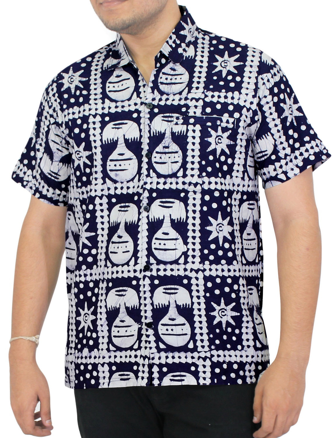 LA LEELA Men Casual Beach hawaiian Shirt Aloha theme Tropical Beach front  Pocket Short sleeve Blue