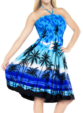 LA LEELA Beach Palm Tree Tropical Print Tube Dresses For Women Beachwear Hawaiian Female Short Tube Dress Skirt Swimsuit Coverup