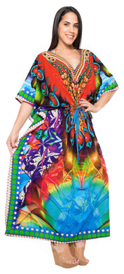 LA LEELA Lounge Likre Digital Long Caftan Beach Dress OSFM 14-22W [L- 3X] Multicolor_O932