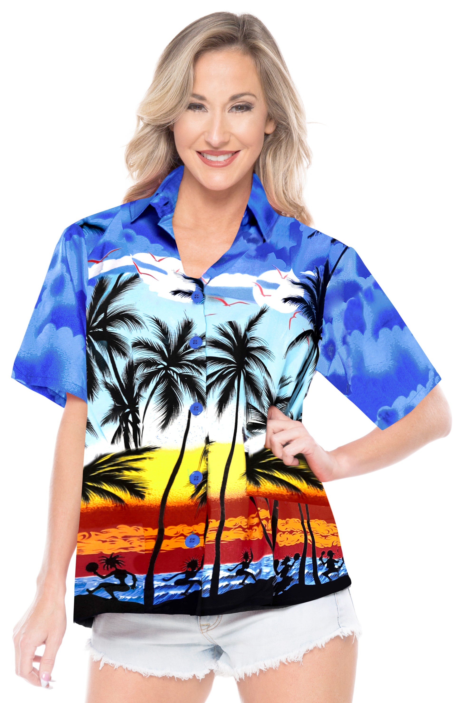 LA LEELA Women's Beach Casual Hawaiian Blouse Short Sleeve button