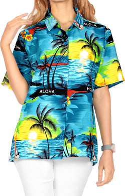 LA LEELA Women's Beachy Hawaiian Blouse Swim Summer Wear Short Sleeve Collar Shirt Teal Blue