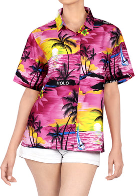 LA LEELA Women's Printed Tropical Hawaiian Blouse Summer Wear Short Sleeve Collar Shirt Beachy Pink