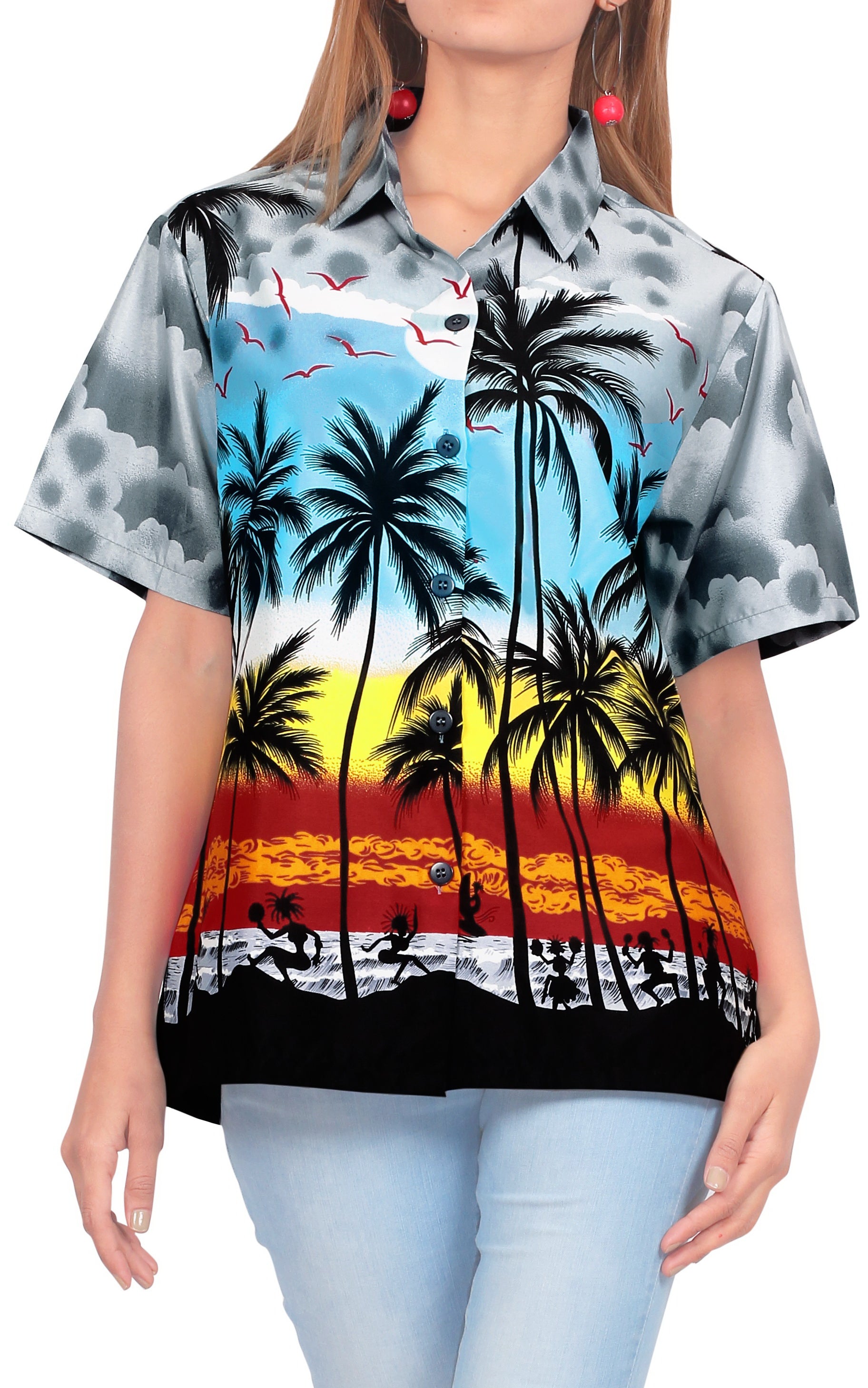 LA LEELA Women's Beach Casual Hawaiian Blouse Short Sleeve button