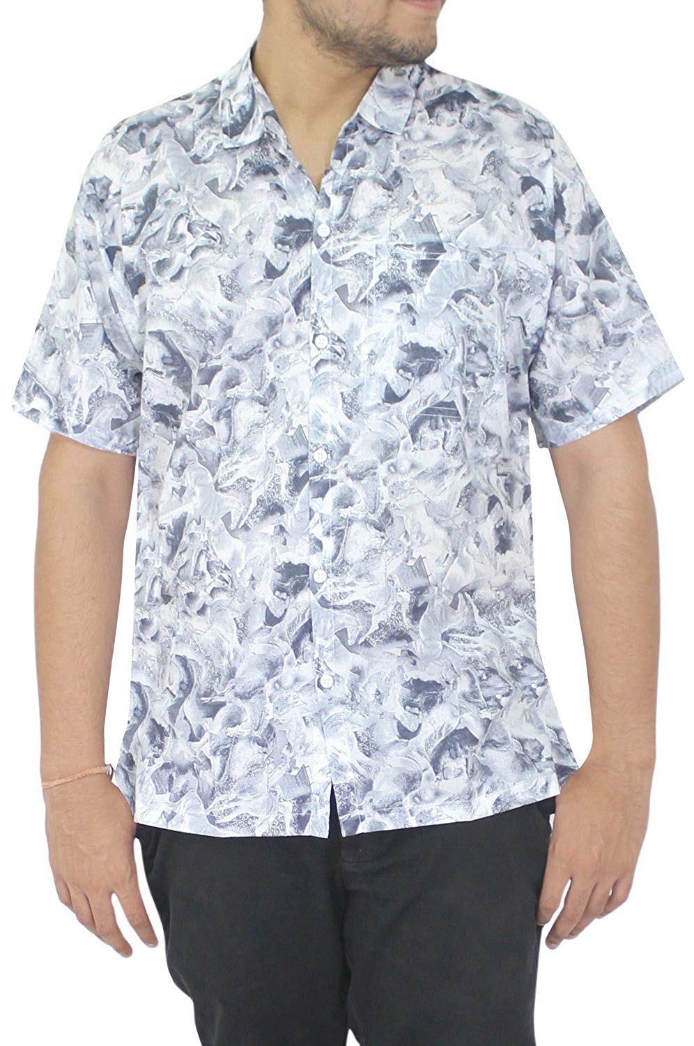 LA LEELA Men Casual Beach hawaiian Shirt Aloha theme Tropical Beach front  Pocket Short sleeve Blue