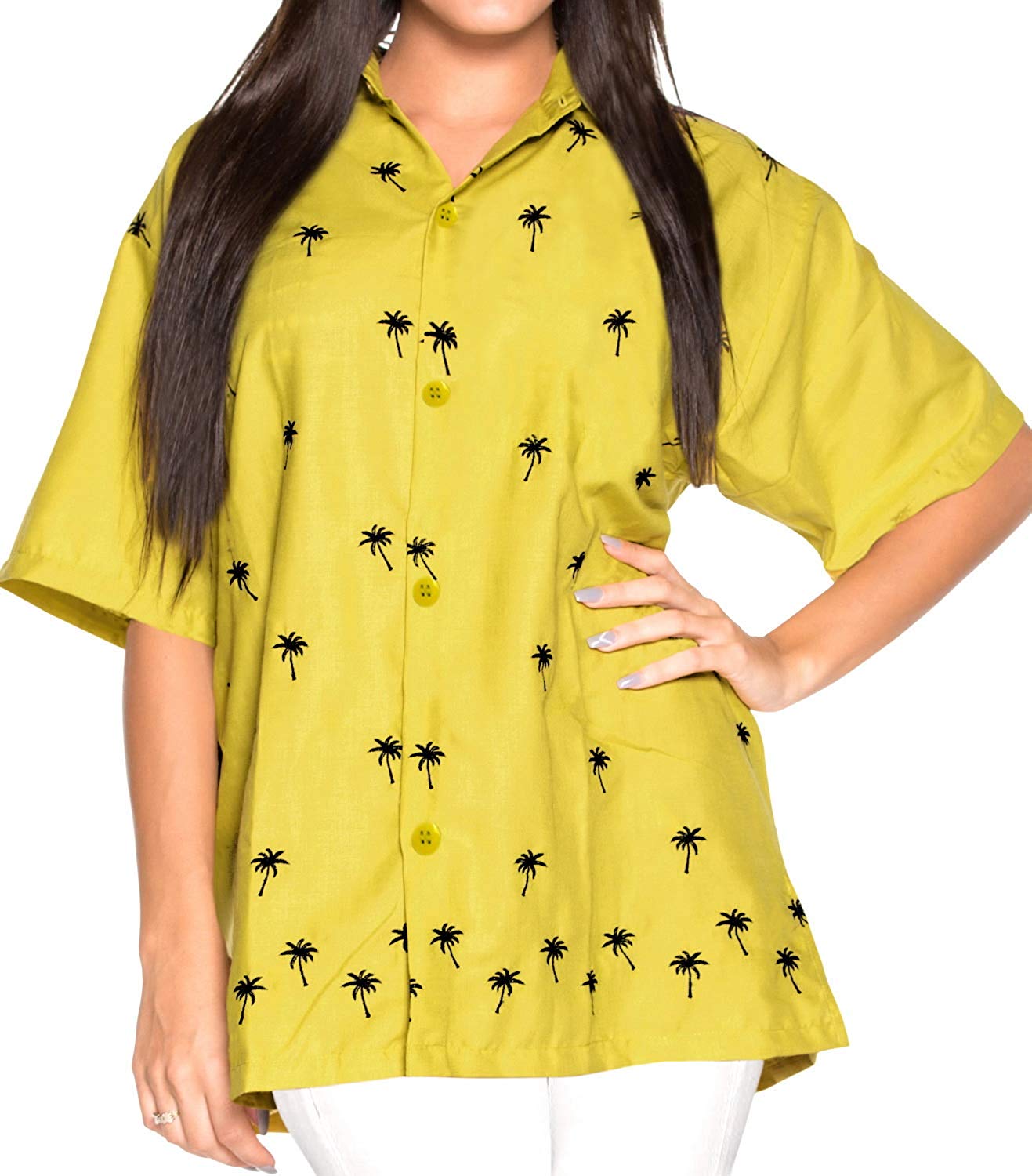 LA LEELA Blouse Casual Women Hawaiian Shirt Embroidered Workwear