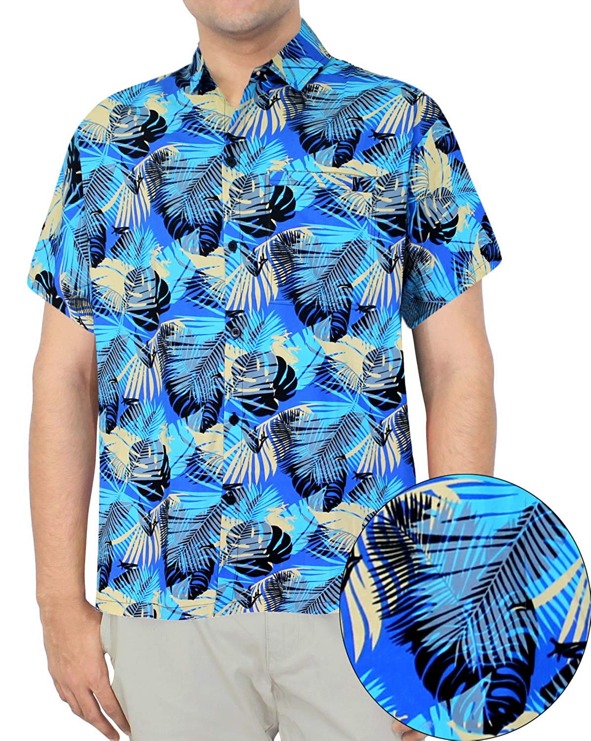 LA LEELA Men Casual Beach hawaiian Shirt Aloha theme Tropical Beach front  Pocket Short sleeve Blue