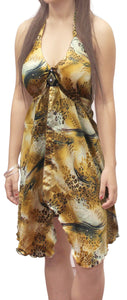 La Leela Brown Animal Skin Print Satin Partywear Halter Backless Dress Babydoll