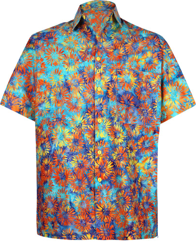 la-leela-men-casual-wear-cotton-hand-printed-blue-turquoise-orange-yellow-hawaiian-aloha-shirt-size-s-xxl