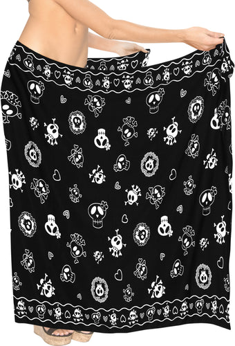 La-Leela-Soft-Light-Long-Swim-Women's-Skull-Halloween-Costume-Swimsuit-Pareo-Cover-Ups-Beach-Sarong-Halloween Black_B922