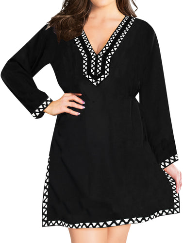 LA LEELA-Women's-Plus-Size-Caftan-Cover-Up-Swimsuit-Swimwear-US 8-14 Black_B467 