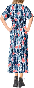 La Leela Womens Floral Beach Cover up Button Closure Evening Dress MAXI Caftan b