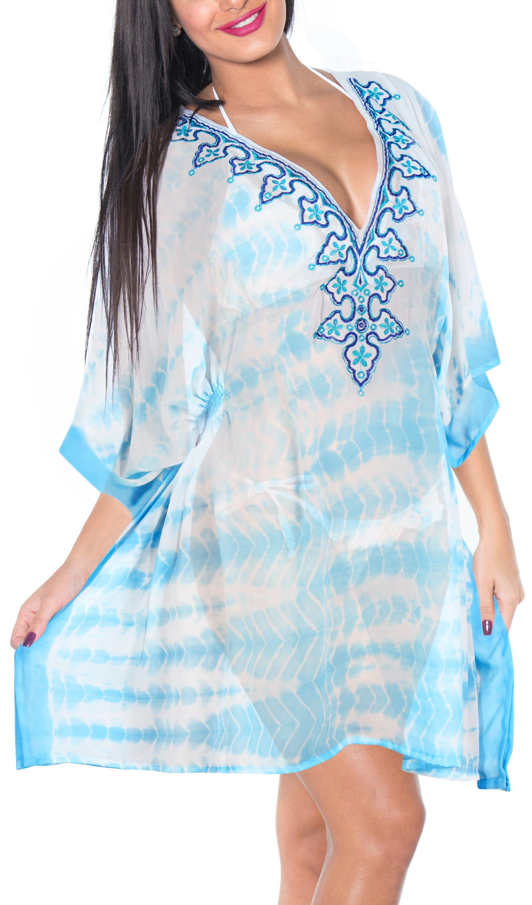 la-leela-cotton-tie_dye-short-caftan-vacation-dress-Ghost White_A267