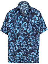 Cargar imagen en el visor de la galería, la-leela-men-casual-wear-cotton-hand-batik-floral-printed-navy-blue-hawaiian-shirt-size-s-xxl