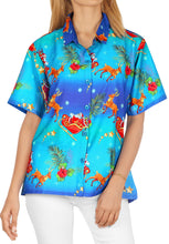 Load image into Gallery viewer, La Leela Women&#39;s Christmas Santa Aloha Relaxed fit Beach Hawaiian Tropical Beach  Short Sleeve Blouse Printed Shirt Christmas Blue