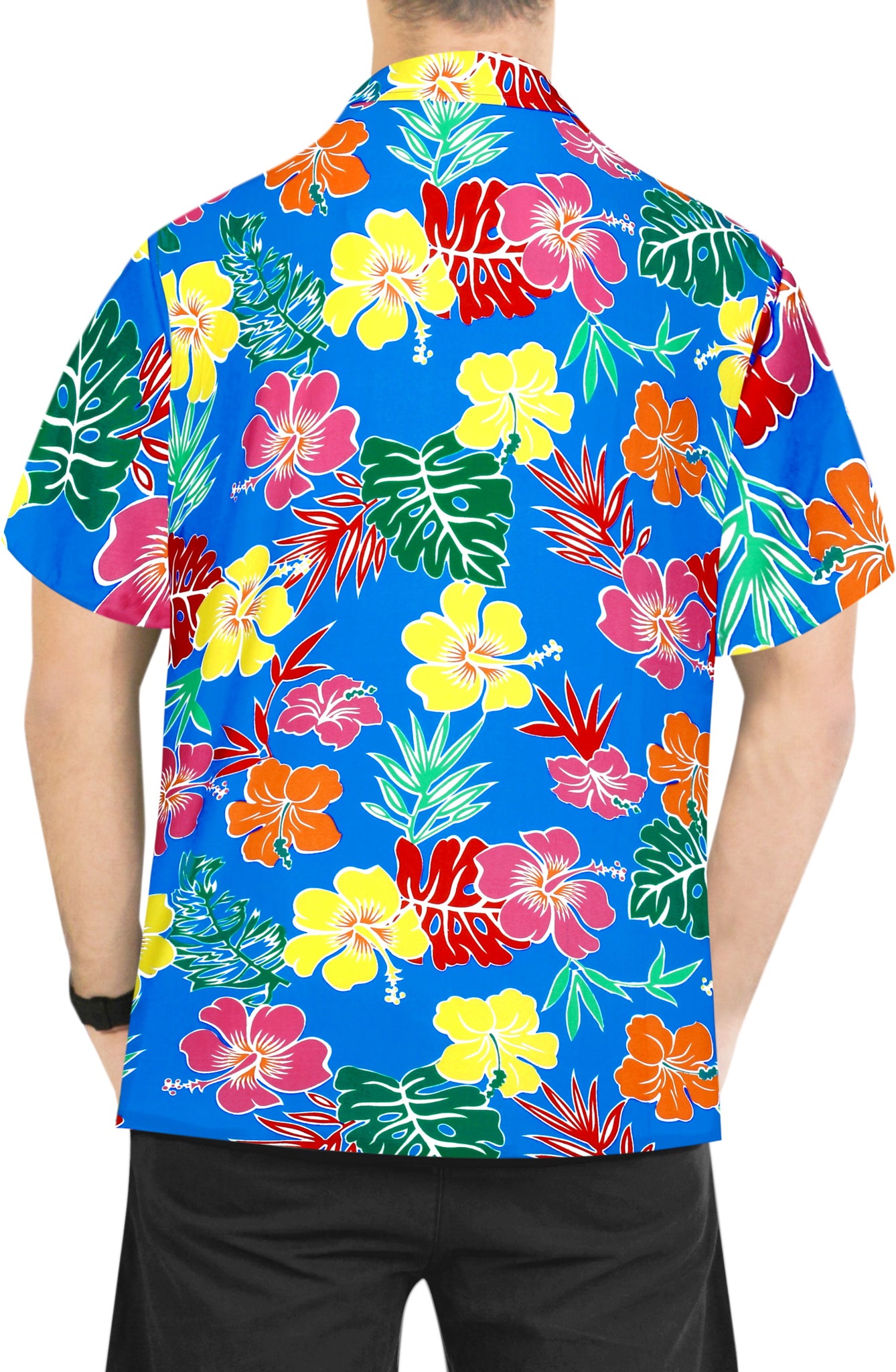 LA LEELA Men Casual Beach hawaiian Shirt Aloha theme Tropical Beach front  Pocket Short sleeve Blue