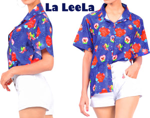 La Leela Women's Cupid Love Hawaiian Aloha Tropical Beach  Short Sleeve Relaxed Fit Blouse Printed Shirt Blue