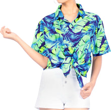 Cargar imagen en el visor de la galería, la-leela-womens-coastal-fern-hawaiian-aloha-tropical-beach--short-sleeve-relaxed-fit-blouse-printed-shirt-blue