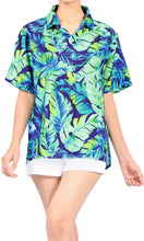 Cargar imagen en el visor de la galería, La Leela Women&#39;s Coastal Fern Hawaiian Aloha Tropical Beach  Short Sleeve Relaxed Fit Blouse Printed Shirt Blue