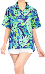 La Leela Women's Coastal Fern Hawaiian Aloha Tropical Beach  Short Sleeve Relaxed Fit Blouse Printed Shirt Blue