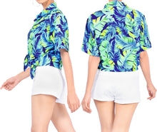 Load image into Gallery viewer, La Leela Women&#39;s Coastal Fern Hawaiian Aloha Tropical Beach  Short Sleeve Relaxed Fit Blouse Printed Shirt Blue