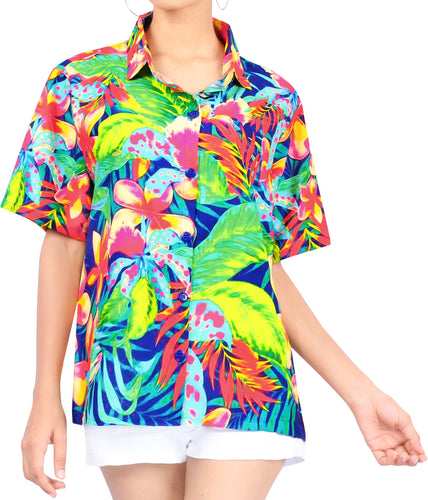 la-leela-womens-exotic-colour-blast-relaxed-fit-hawaiian-aloha-tropical-beach--short-sleeve-blouse-printed-shirt-green-pink-blue