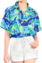 Cargar imagen en el visor de la galería, la-leela-womens-oceanic-fern-hawaiian-aloha-tropical-beach--short-sleeve-relaxed-fit-blouse-printed-shirt-blue