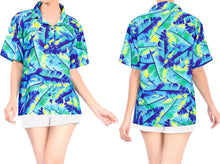 Cargar imagen en el visor de la galería, La Leela Women&#39;s Oceanic Fern Hawaiian Aloha Tropical Beach  Short Sleeve Relaxed Fit Blouse Printed Shirt Blue