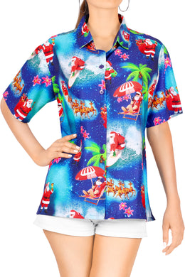 HAPPY BAY Women's Christmas Santa Claus Swim Hawaiian Regular Fit Short Sleeve Tunic Shirt - DRT231Blue