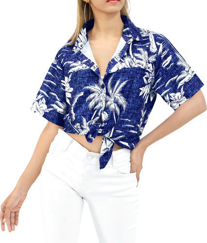 LA LEELA Women's Beachy Tropical Hawaiian Blouse Shirt Breezy Summer Wear Short Sleeve Collar Shirt Royal Blue