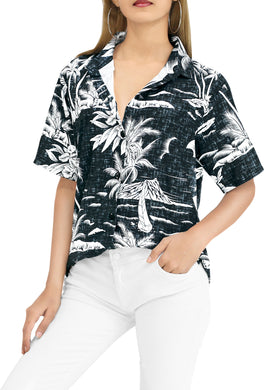 LA LEELA Women's Beachy Tropical Hawaiian Blouse Shirt Breezy Summer Wear Short Sleeve Collar Shirt Black