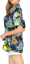 Cargar imagen en el visor de la galería, LA LEELA Women&#39;s Breezy Tropical Hawaiian Blouse Swim Beachwear Short Sleeve Collar Shirt Palm Leaf Grey