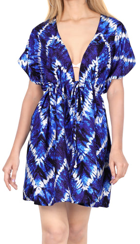 LA LEELA Women Plunge V Neck With Drawstring Short Coverup M-L Royal Blue_AA509