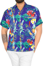 Cargar imagen en el visor de la galería, LA LEELA Hawaiian Shirt for Men&#39;s Parrot and Tropical Palm Leaves Print Button-Down Shirt (Blue)