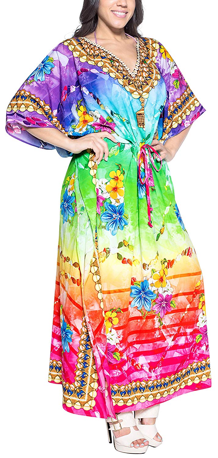 LA LEELA Women's Plus Size HD Designer Drawstring Caftan Dress Fits L-4X